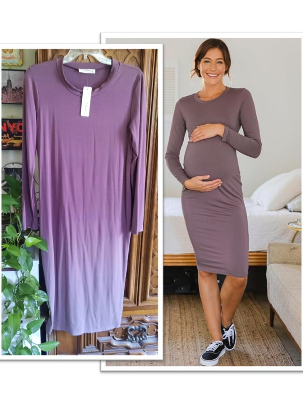 LaClef Long Sleeve Round Neck Bodycon Maternity Dress NWT! - Mauve Sz M